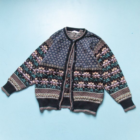 VINTAGE Jason Maxwell Floral Stripe Chunky Crewneck Cardigan Sweater Size Large - Picture 1 of 7